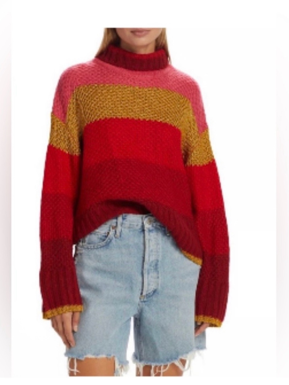 FARM Rio Multicolor Ribbed Turtleneck Sweater - Red, Pink & Yellow